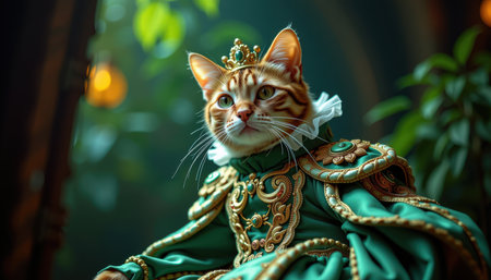 cat in historical costume concept. Regal Cat Elegant Royal Attire Lush Settingの素材