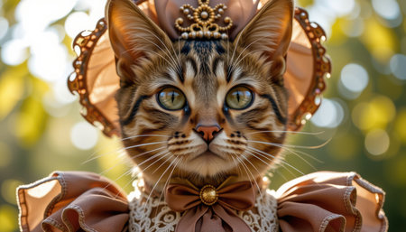 cat in historical costume concept. Vintage style Dressed Cat with Ornate Hat and Bow Tieの素材