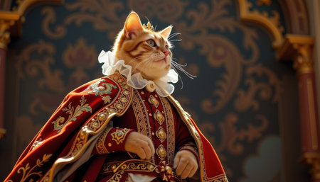 cat in historical costume concept. Regal Cat Elaborate Royal Costume with Ornate Backgroundの素材