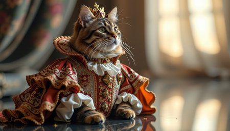 cat in historical costume concept. Regal Cat Elegant Royal Costume with Crownの素材