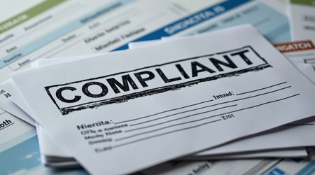 Stack of documents with focus on compliance highlights importance of financial legislation in organizationの素材