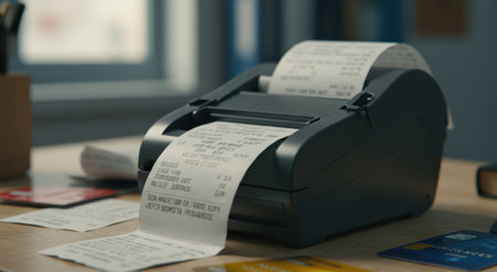 Small business receipt printer is actively printing receipts, symbolizing recovery and efficiencyの素材