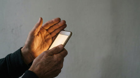 A vpn privacy safety smartphone secure browsing concept with hand shielding bright mobile screen suggesting protection from watchful eye and riskの素材