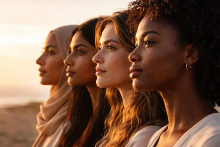 A women leaders empowerment feminism unity profile sunset sky symbolizing solidarity and strength diverse female friendship and social changeの素材