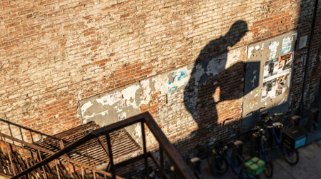 A drop shipping store box clock logistic concept. shadow delivery worker drop shipping store box under wall clock logistic sceneの素材