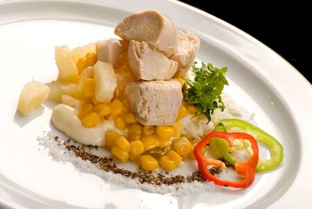 Chicken meat with corn, bell pepper, mayonnaise and sauces on a white plate.の写真素材