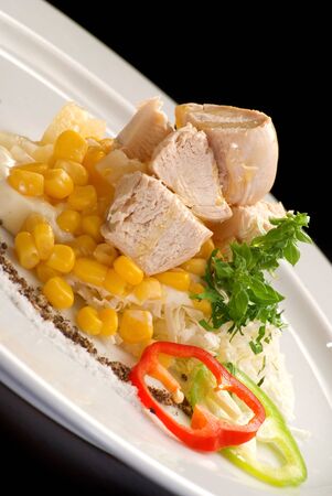 Chicken meat with corn, bell pepper, mayonnaise and sauces on a white plate.の写真素材