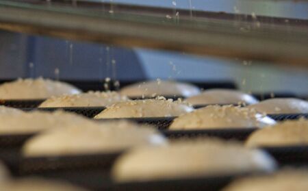 Dessert bread baking in oven. Production oven at the bakery. Baking bread. Manufacture of bread.の写真素材