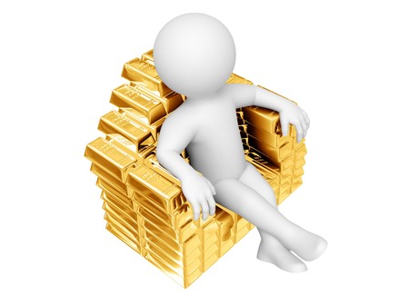 Person sit on gold ingots. Isolated on white.の写真素材