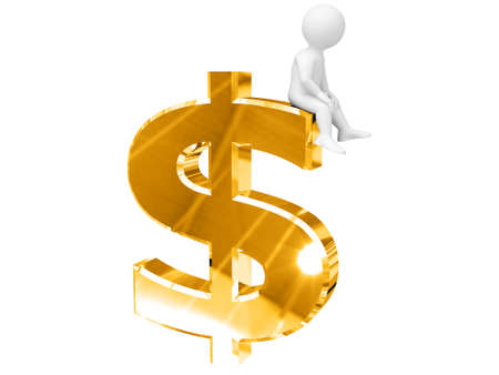Person sit at top of big gold dollar sign.の写真素材