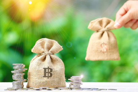 Money sack with coins and women hand hold a money bag. save and currency exchange concept.