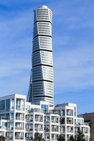 MALMO, SWEDEN - OCTOBER 2: Turning Torso facade on October 2 , 2015 in Malmo, Sweden. Turning Torso is a deconstructionist skyscraper designed by the Spanish architect Santiago Calatravaのeditorial素材