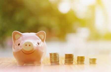 piggy bank with coins arranged in a graph on wooden table and green background, Finance or Savings...