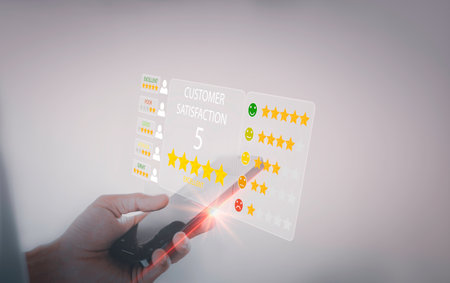 Customer review satisfaction feedback survey concept, User give rating to service experience on online application, Customer can evaluate quality of service leading to reputation rの写真素材