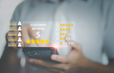 Customer review satisfaction feedback survey concept, User give rating to service experience on online application, Customer can evaluate quality of service leading to reputation rの写真素材