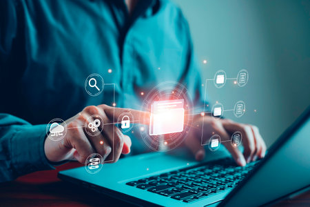 DMS document Management System, Businessman pointing folder icon to use technology software for...