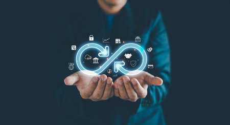 Businessman Hands holding virtual infinity with technology marketing online icon, a symbol of connection to community metaverse world network system and Technology data link concept.の写真素材