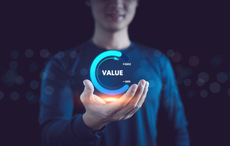 Increase value to business product and service concept, Businessman holding virtual process icon, Digital infographic, Future, Marketing success, Sales target, Leadership in the investment industryの写真素材
