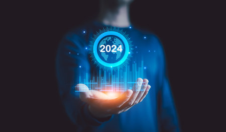 Businessman holding graph corporate growth 2024, New business startup and Goals target on 2024, Plans and Visions for Year 2024, Business Data, Opportunity, Planning, challenge and business strategy.の写真素材