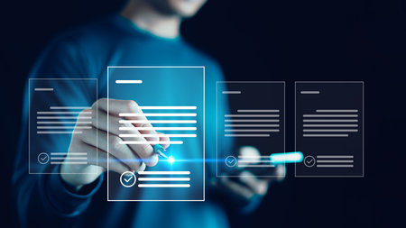 Businessman signing on e-document on digital tablet, Technology, Document management, E-signing, Electronic signature, Paperless office, Online contract signing, Virtual notepad on virtual screen.の写真素材