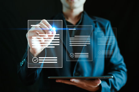 Businessman signing on e-document on digital tablet, Technology, Document management, E-signing, Electronic signature, Paperless office, Online contract signing, Virtual notepad on virtual screen.の写真素材