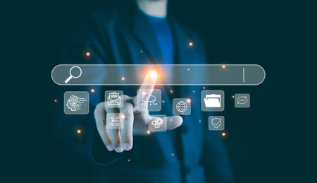 Search with AI assistant, Businessman Search on virtual screen Data Search Technology Search Engine Optimization, Digital, Using web console for data, SEO, Man use computer to search for information.の写真素材