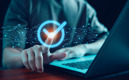 Quality assurance of product and service concept, Certificate and standardization, Business people pointing check icon, approved, Digital evaluation, success, compliance, Technology validation processの写真素材