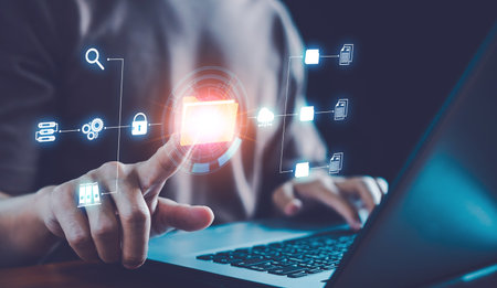 DMS document Management System, Businessman pointing folder icon to use technology software for management document, professional, digital, Smart office paperless, Electronic document, Cloud service.の写真素材