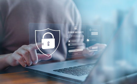 Cybersecurity privacy data protection and encryption concept, Internet network security, Information safety and encryption, Future technology and cybernetics, screen padlock, Password to laptop.の写真素材