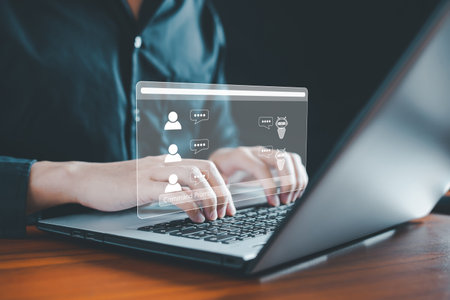 AI tech, Chat with AI, Artificial Intelligence. Man using technology smart robot AI, engineer, artificial intelligence by command prompt to generate something, Futuristic technology transformation.の写真素材