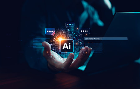 A businessman shows a virtual graphic of global internet connections, with a chatbot interacting using AI. Using a command prompt, AI generates responses, showcasing the transformation of futuristic technology.の写真素材