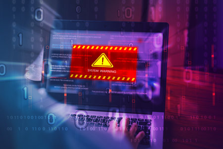 System hack warning alert for a cyberattack on the computer network. Cybersecurity notification of errors, maintenance issues, virus threats, cybercrime, identity theft, data breaches, and phishing scams on websites.の写真素材