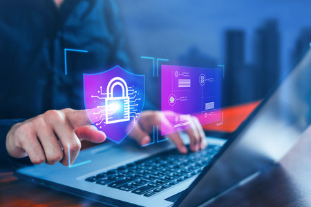 Cybersecurity and information safety through encryption, password protection, and firewalls. A padlock icon symbolizes online privacy protection, securing personal data, and safeguarding internet network security against phishing and threats.の写真素材