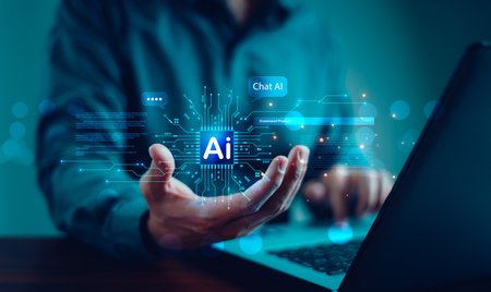 AI technology: A businessman demonstrates a virtual graphic of global internet connectivity, with an AI chatbot interacting. Using a command prompt, AI generates results, showcasing the transformation of futuristic technology.の写真素材