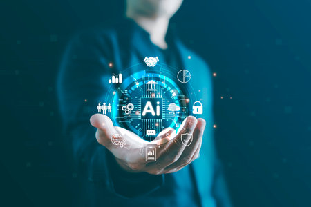 A man uses AI to assist with analytics, blending technology and human expertise. This concept highlights AI learning, artificial intelligence in business, and its integration into everyday life through internet and networking.の写真素材
