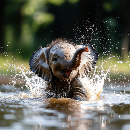 A playful baby elephant splashes joyfully in a shimmering water pool, surrounded by lush greenery, capturing the essence of wildlife and the beauty of nature's playful moments.の素材