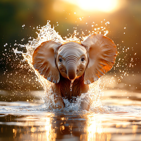 A playful baby elephant splashes joyfully in the water, reflecting the golden hues of sunset. This captivating scene captures the essence of wildlife and the beauty of nature.の素材