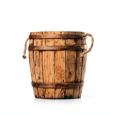 A rustic wooden bucket with a classic design, showcasing natural textures and a sturdy structure. Perfect for decoration or practical use in various settings.の素材