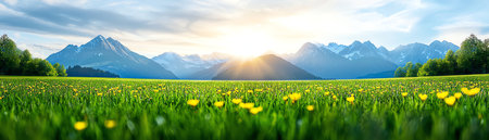 A stunning panorama of a vibrant green meadow under a clear blue sky, with majestic mountains in the background and a warm sun illuminating the scene, creating a peaceful ambiance.の素材