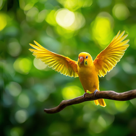 A vibrant yellow bird perched on a branch, spreading its wings against a soft green background. This lively scene captures the essence of nature and the beauty of wildlife.の素材
