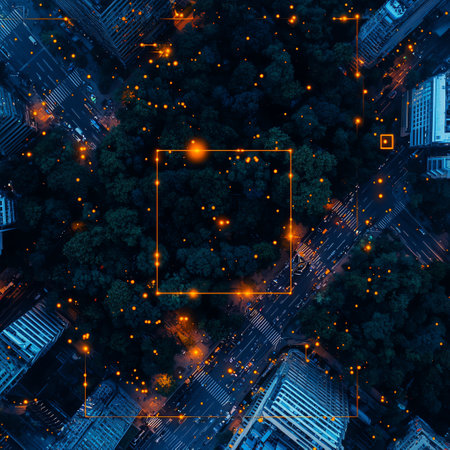 Aerial view of a bustling city with vibrant lights highlighting the urban landscape. The blend of nature and technology creates a captivating visual of modern life.の素材