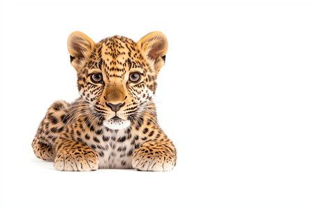 A young leopard cub resting gracefully, showcasing its distinctive spots and playful demeanor. This image captures the essence of wildlife beauty and the charm of big cats.の素材