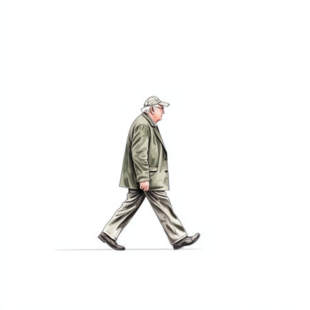 An elderly man walks purposefully in a gray suit and cap, exuding a sense of wisdom and experience. The minimalist background emphasizes his solitary figure and contemplative journey.の素材