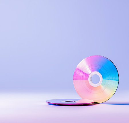 This vibrant image features colorful CDs placed against a soft purple background, symbolizing music, data storage, and the evolution of technology in our digital age.の素材