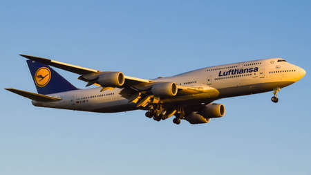 FRANKFURT, GERMANY - 09/16/19: The German queen of skies B748 arriving in Frankfurt during sunset