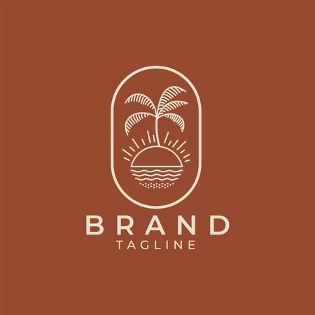 Vector logo design template sunrise beach with palm tree - abstract vintage summer and vacation badge and emblem conceptのイラスト素材