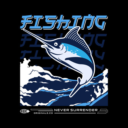 Vector vintage fishing logo design isolated on blackのイラスト素材