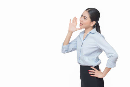 business woman show something isolated on white background, asian beautyの写真素材