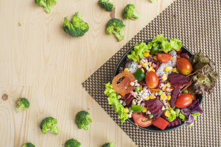 Salad on wood table ,Healthy food conceptの写真素材