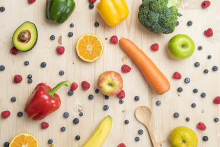 Vegetables and fruits on wood table ,Healthy food conceptの写真素材